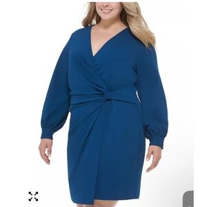 DKNY Women Plus Size 22W Blue Twist Front V Neck Long‎ Sleeve Dress NWT Party